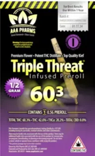 (g) AAA Pharms | Triple Threat Infused Indica Preroll .5g